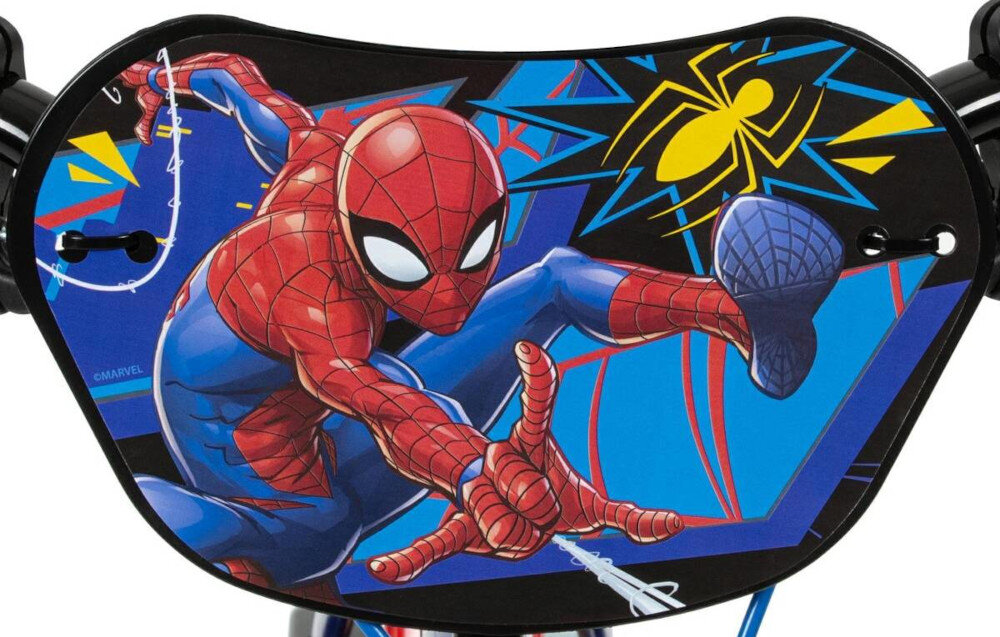Na obrazie widoczny jest motyw Spider-Mana z wyciągniętą ręką, otoczony niebieskimi i żółtymi elementami graficznymi. W prawym górnym rogu znajduje się żółty pająk na czarnym tle.