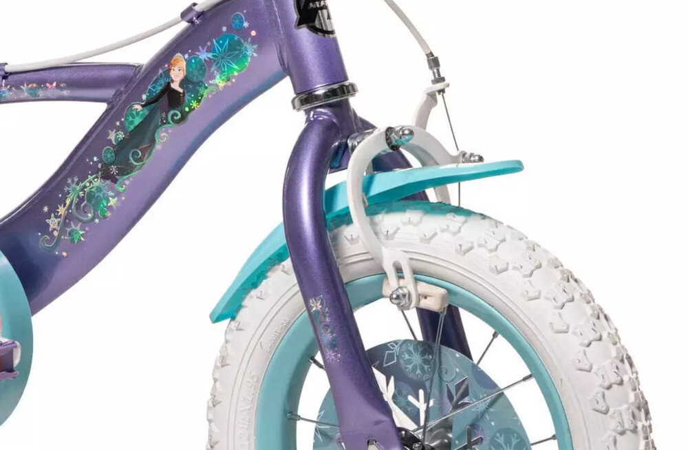 Rower dziecięcy HUFFY Disney Kraina Lodu 12 cali Fioletowo-niebieski Wzrost: 85-100 cm Wiek: 3-5 lat zbliżenie na przedni hamulec zdjęcie na białym tle podstawa bezpieczeństwa hamulce hamulce V-Brake typu Caliper lekkie duża siła hamowania hamulce z przodu i z tyłu podwójny pakiet bezpieczeństwa skuteczne hamowanie