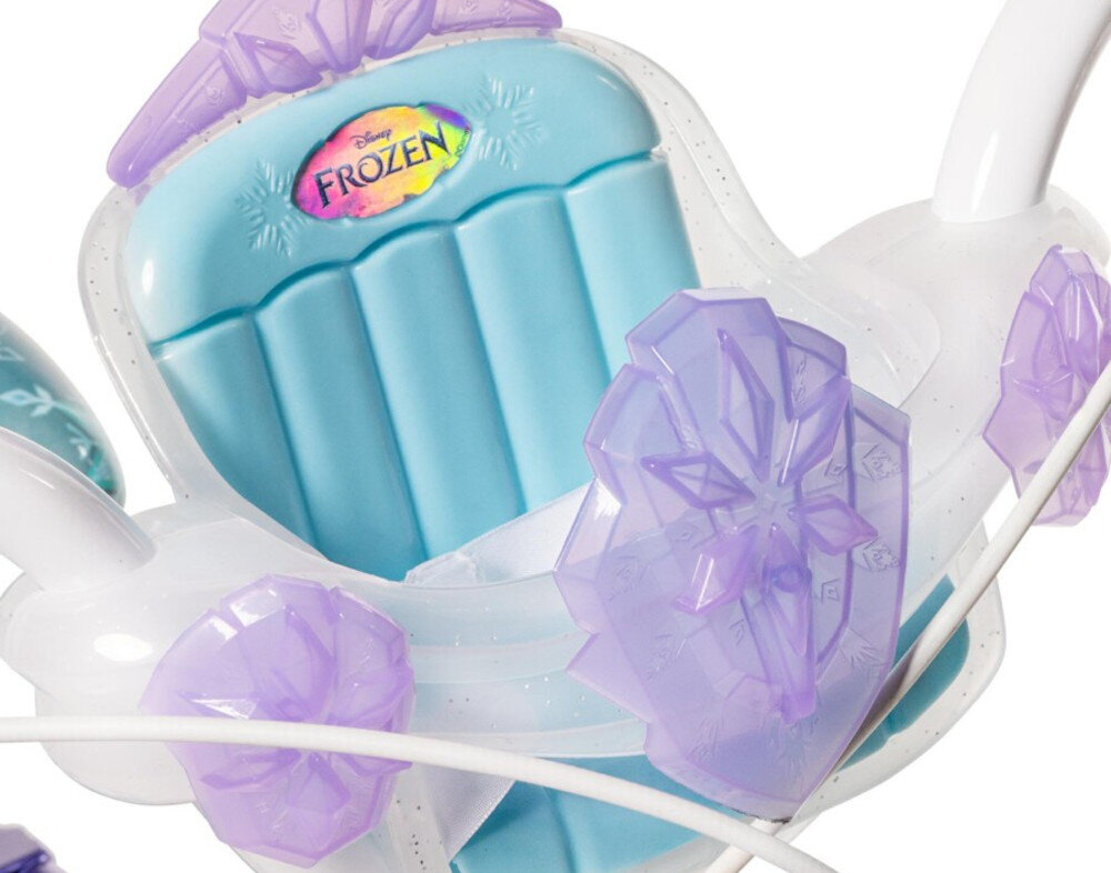Rower dziecięcy HUFFY Disney Kraina Lodu 12 cali Fioletowo-niebieski Wzrost: 85-100 cm Wiek: 3-5 lat zbliżenie na siodełko i bidon zdjęcie na białym tle bezpieczna i satysfakcjonująca aktywność wygodne siodełko pełen komfort podczas długiej jazdy krzesełko dla lalki bezpiecznie komfortowo