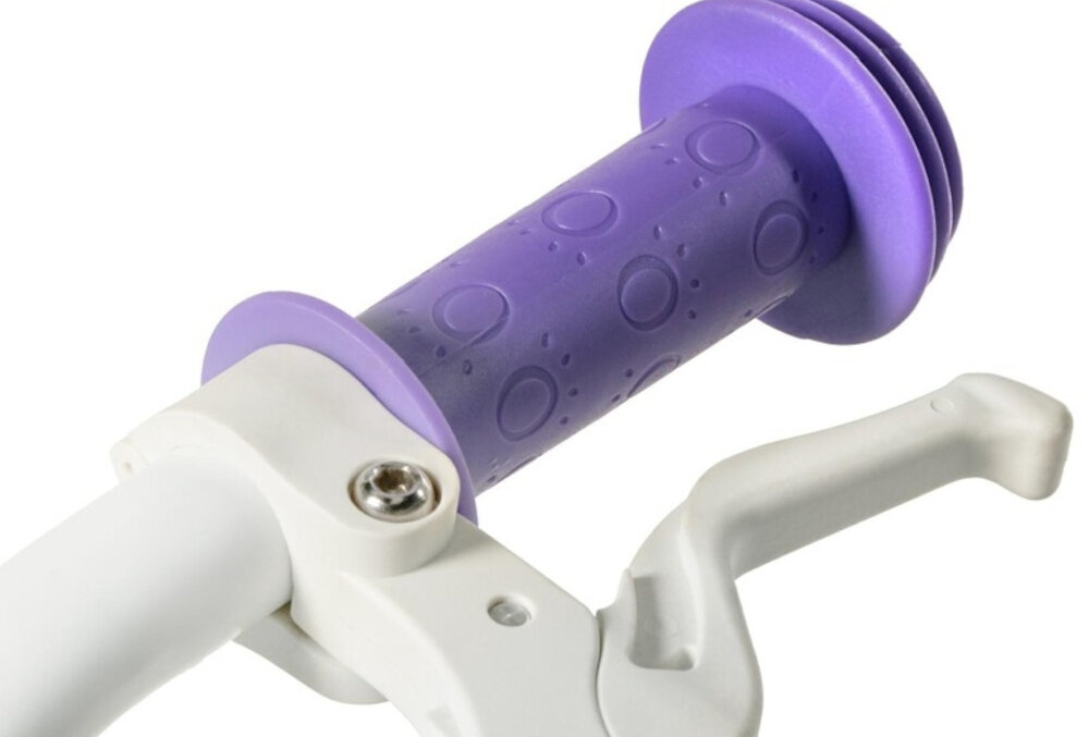 Rower dziecięcy HUFFY Disney Kraina Lodu 12 cali Fioletowo-niebieski Wzrost: 85-100 cm Wiek: 3-5 lat zbliżenie na kierownicę zdjęcie na białym tle brak uczucia dyskomfortu odpowiednia pozycja ciała uchwyty z antypoślizgowego materiału koszyk na drobiazgi