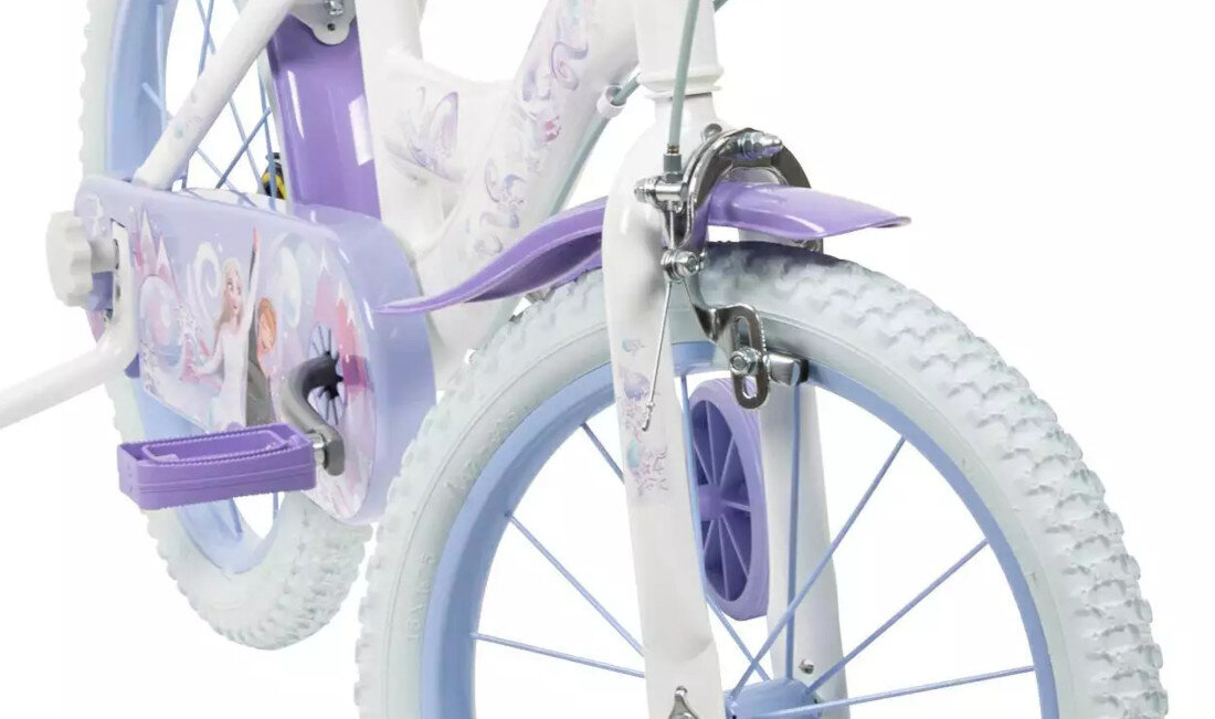 Rower dziecięcy HUFFY Disney Kraina Lodu 16 cali Biały Wzrost: 100-120 cm Wiek: 5-7 lat zbliżenie na przedni hamulec zdjęcie na białym tle podstawa bezpieczeństwa hamulce hamulce V-Brake typu Caliper lekkie duża siła hamowania hamulce z przodu i z tyłu podwójny pakiet bezpieczeństwa skuteczne hamowanie