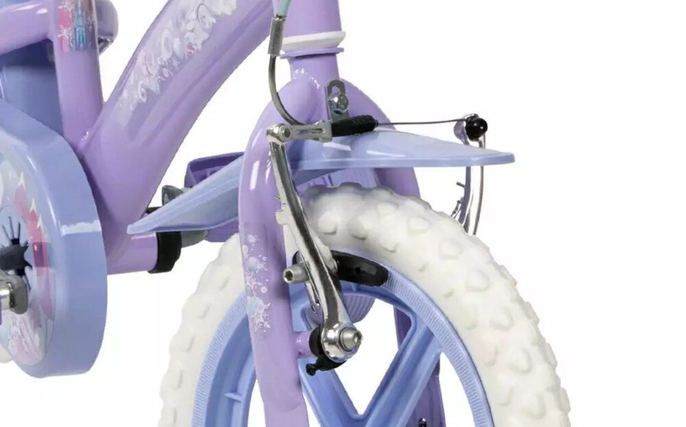 Rower dziecięcy HUFFY Disney Kraina Lodu 12 cali Fioletowy Wzrost: 85-100 cm Wiek: 3-5 lat zbliżenie na przedni hamulec zdjęcie na białym tle podstawa bezpieczeństwa hamulce hamulce V-Brake typu Caliper lekkie duża siła hamowania hamulce z przodu i z tyłu podwójny pakiet bezpieczeństwa skuteczne hamowanie