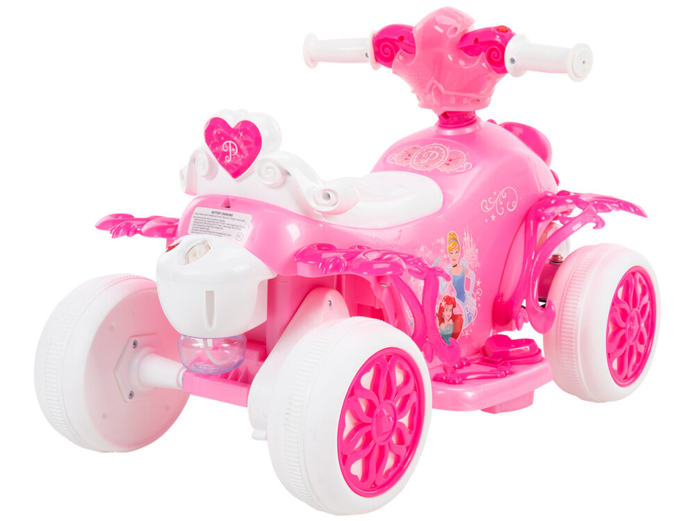 Quad elektryczny dla dziecka HUFFY Princess Bubble 19055W Różowy quad na białym tle widoczny od tyłu pod skosem dla dzieci w wieku od 1,5 do 3 lat o maksymalnej wadze do 20 kg bezpieczny stabilny pełen bajkowych wrażeń księżniczki Disneya