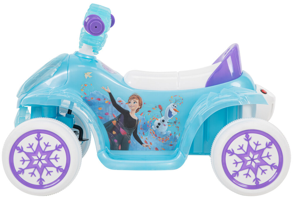 Quad elektryczny dla dziecka HUFFY Frozen Bubble 19035W Niebieski pojazd na białym tle widoczny z boku zimowa bajkowa frajda efekty świetlne dźwiękowe funkcja baniek