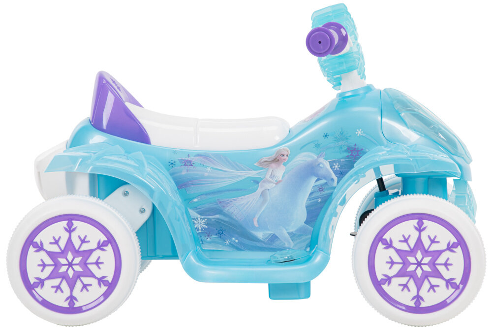 Quad elektryczny dla dziecka HUFFY Frozen Bubble 19035W Niebieski pojazd na białym tle widoczny z boku światła dźwięk bańki widowisko w stylu Arendelle bajkowe wzornictwo Frozen zabawa bardzo angażująca rozwija wyobraźnię zachęca do aktywności i radosnej zabawy na świeżym powietrzu