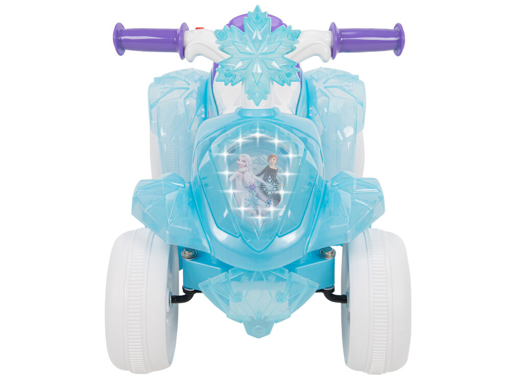 Quad elektryczny dla dziecka HUFFY Frozen Bubble 19035W Niebieski pojazd na białym tle widoczny od przodu zasilanie akumulator litowo-jonowy 7,2 V czas działania do 40 minut czas ładowania do 12 godzin