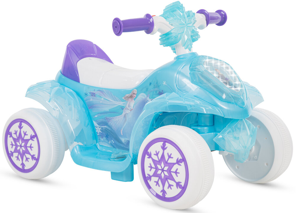 Quad elektryczny dla dziecka HUFFY Frozen Bubble 19035W Niebieski pojazd na białym tle widoczny od przodu pod skosem dla dzieci w wieku od 1,5 do 3 lat o maksymalnej wadze do 20 kg bezpieczny stabilny Elza Anna Olaf