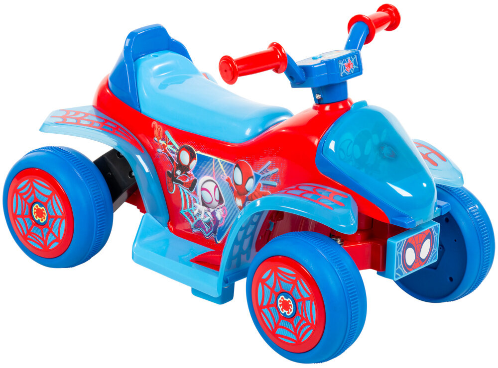Quad elektryczny dla dziecka HUFFY Spidey Mini 19065W Czerwono-niebieski pojazd na białym tle widoczny od przodu pod skosem zabawa przygoda frajda
