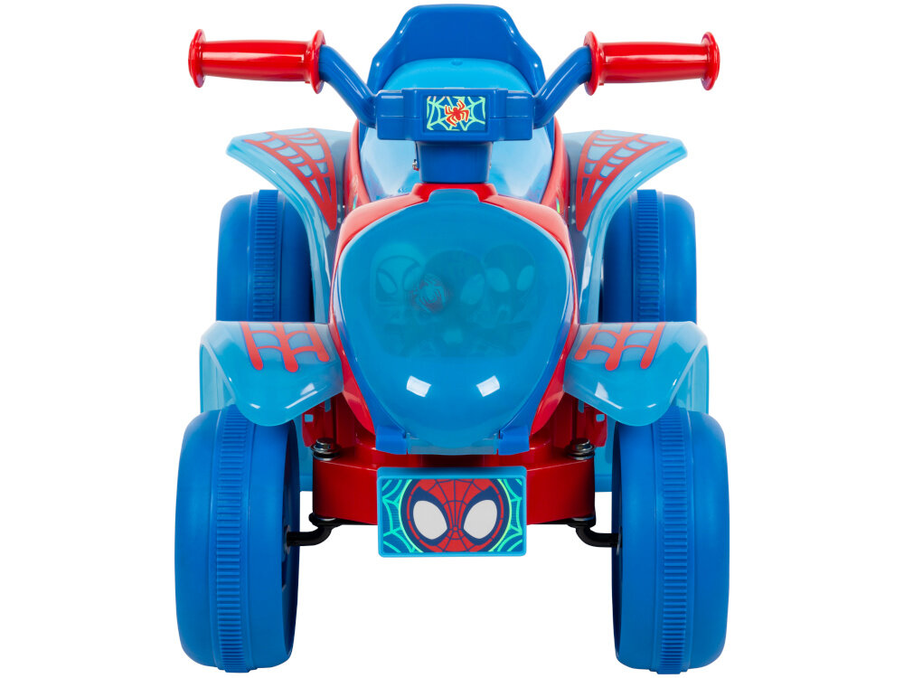 Quad elektryczny dla dziecka HUFFY Spidey Mini 19065W Czerwono-niebieski pojazd na białym tle widoczny od przodu ulubiony bohater nadwozie w stylu Spidey’ego tablica rozdzielcza kolorowe grafiki przedni schowek