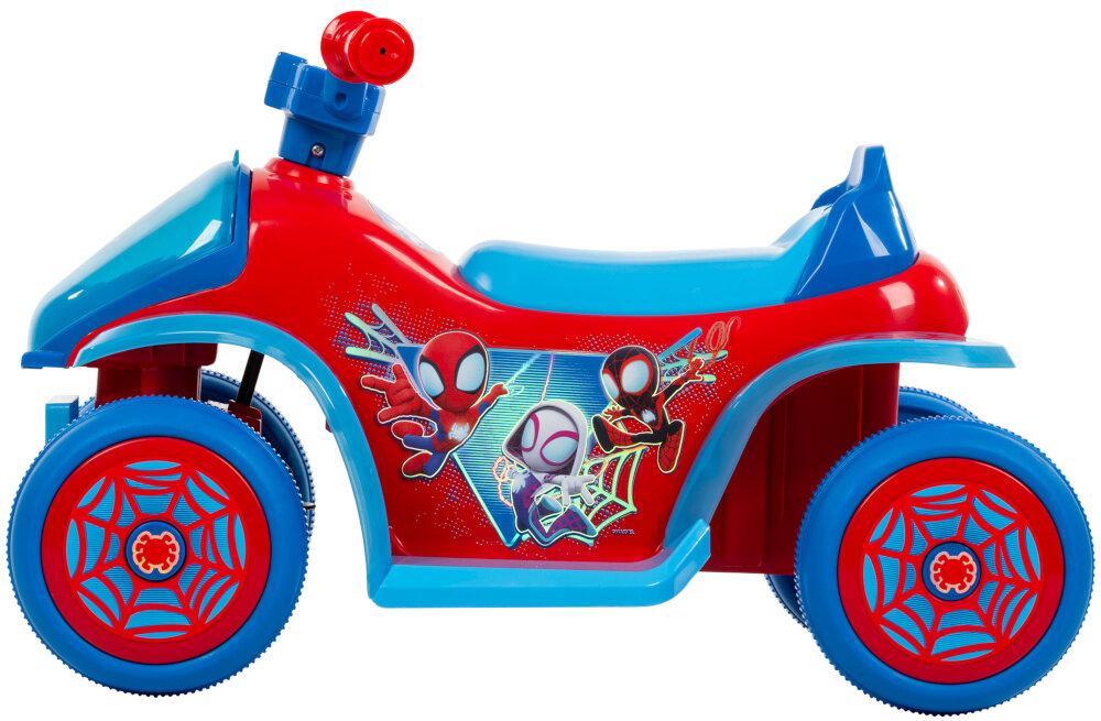 Quad elektryczny dla dziecka HUFFY Spidey Mini 19065W Czerwono-niebieski pojazd na białym tle widoczny z boku zasilanie akumulator litowo-jonowy 7,2 V czas działania do 40 minut