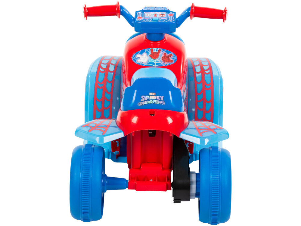 Quad elektryczny dla dziecka HUFFY Spidey Mini 19065W Czerwono-niebieski pojazd na białym tle widoczny od tyłu dla dzieci w wieku od 1,5 do 3 lat o maksymalnej wadze do 20 kg bezpieczny stabilny