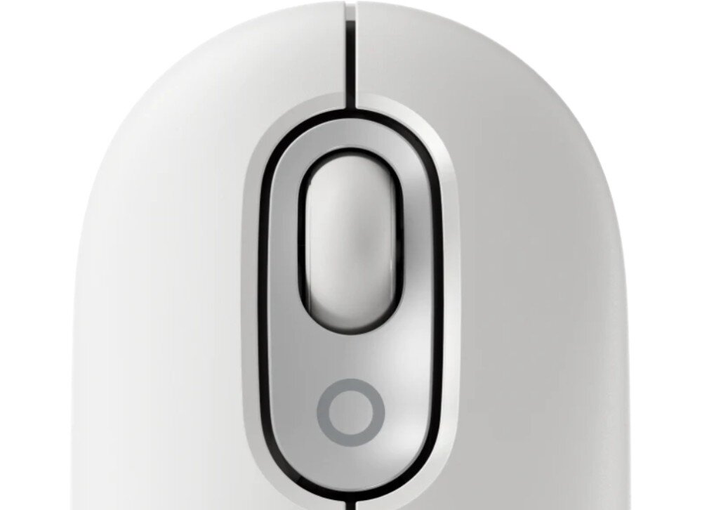 Mysz LOGITECH POP Mouse Off White zbliżenie na mysz od góry na przycisk zmiany trybu rolki przewijanie działanie