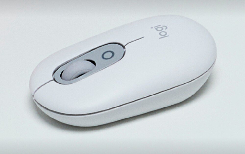 Mysz LOGITECH POP Mouse Off White widok na mysz od boku przyciski głośność