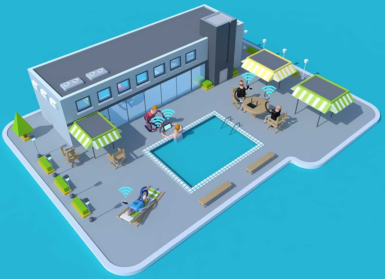Ilustracja przedstawia basen otoczony leżakami i parasolami, z kilkoma osobami korzystającymi z urządzeń elektronicznych. Nad urządzeniami widoczne są symbole sygnału Wi-Fi.