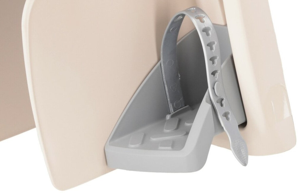 Fotelik rowerowy POLISPORT Guppy RS Beżowy podłokietniki podpórki pod stopy specjalne paski zapobiegają niepożądanym ruchom nóg oparcie fotelika można odchylić o 20 stopni