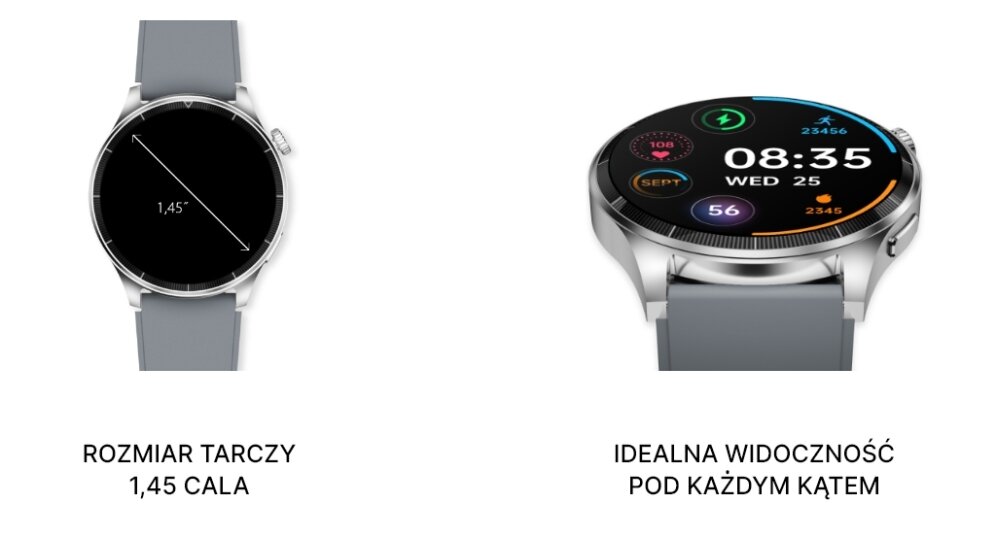 Smartwatch Forever Grand 2 ekran bateria czujniki zdrowie sport pasek ładowanie pojemność rozdzielczość łączność sterowanie krew puls rozmowy smartfon aplikacja