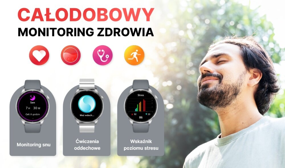 Smartwatch Forever Grand 2 ekran bateria czujniki zdrowie sport pasek ładowanie pojemność rozdzielczość łączność sterowanie krew puls rozmowy smartfon aplikacja