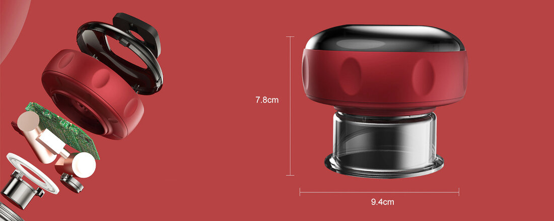 Masażer ręczny antycellulitowy HUMANAS BB01 Plus Czerwony Bańkowanie z klasą z Chin Pobudza krążenie łagodzi napięcie usuwa toksyny 3 wymienne nasadki i pilot zdalnego sterowania