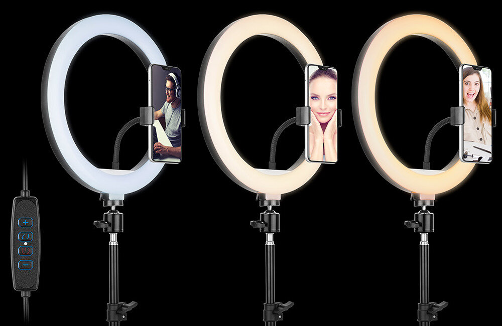 LAMPA TRACER PIERŚCIENIOWA RING 30CM Z MINI STATYWEM 3 barwy temperatura światła 10 poziomów natężenia światła