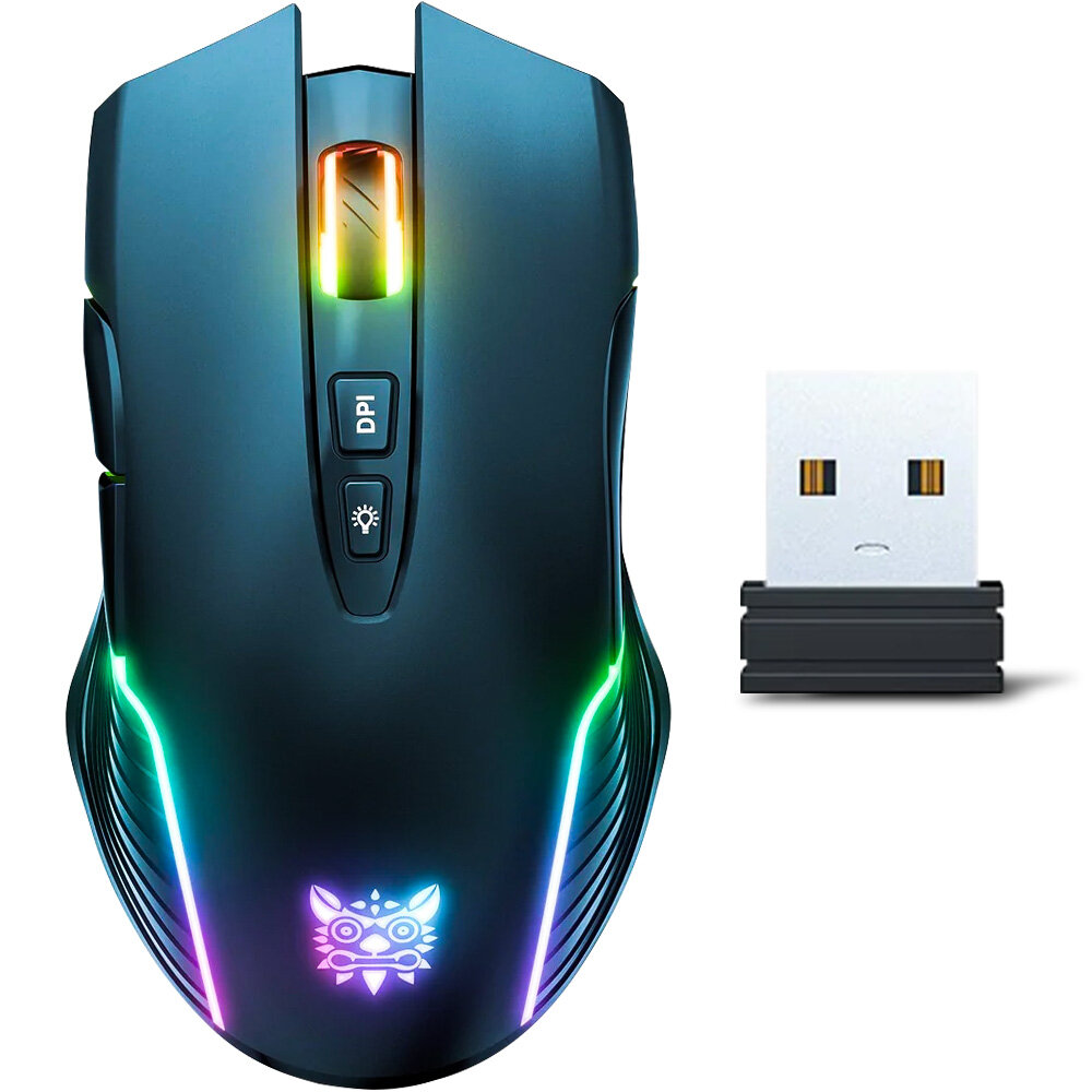 Czarna mysz komputerowa z podświetleniem RGB i dwoma przyciskami oznaczonymi jako \'DPI\' oraz symbolem żarówki. Obok znajduje się mały, biały odbiornik USB.