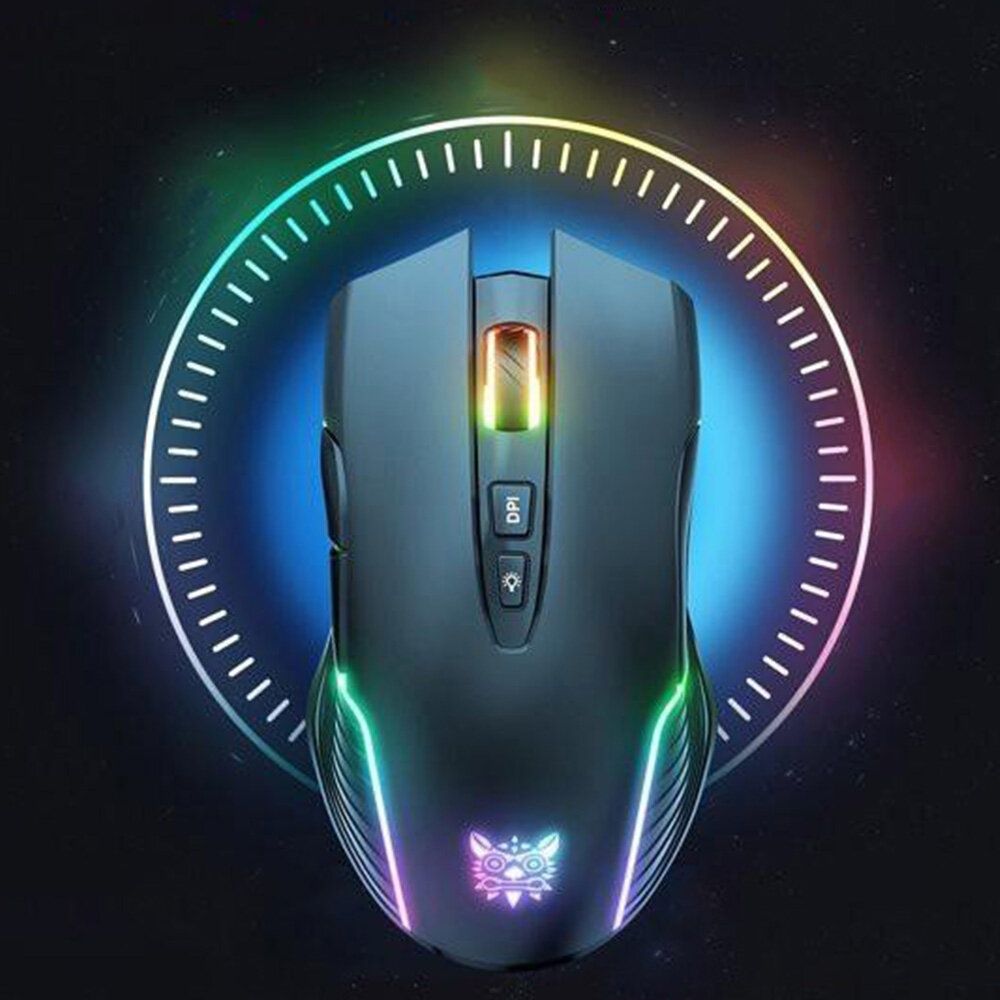 Czarna mysz komputerowa z podświetleniem RGB, posiada przycisk z napisem \'DPI\'. Na powierzchni myszy widoczne jest logo w kształcie stylizowanej twarzy.