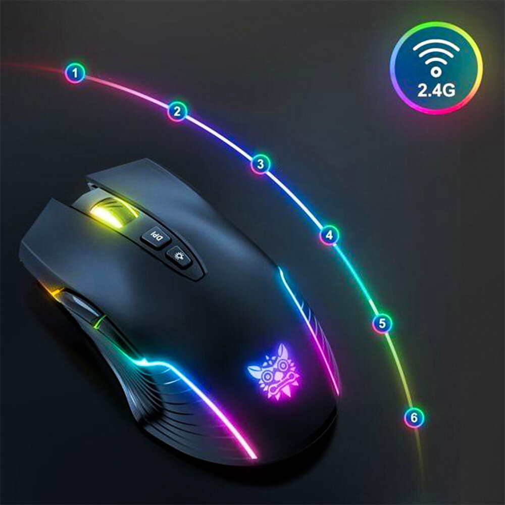 Czarna mysz komputerowa z podświetleniem RGB i dwoma przyciskami na górze oznaczonymi jako \'DPI\' i symbolem żarówki. W prawym górnym rogu znajduje się symbol sieci bezprzewodowej z napisem \'2.4G\'.