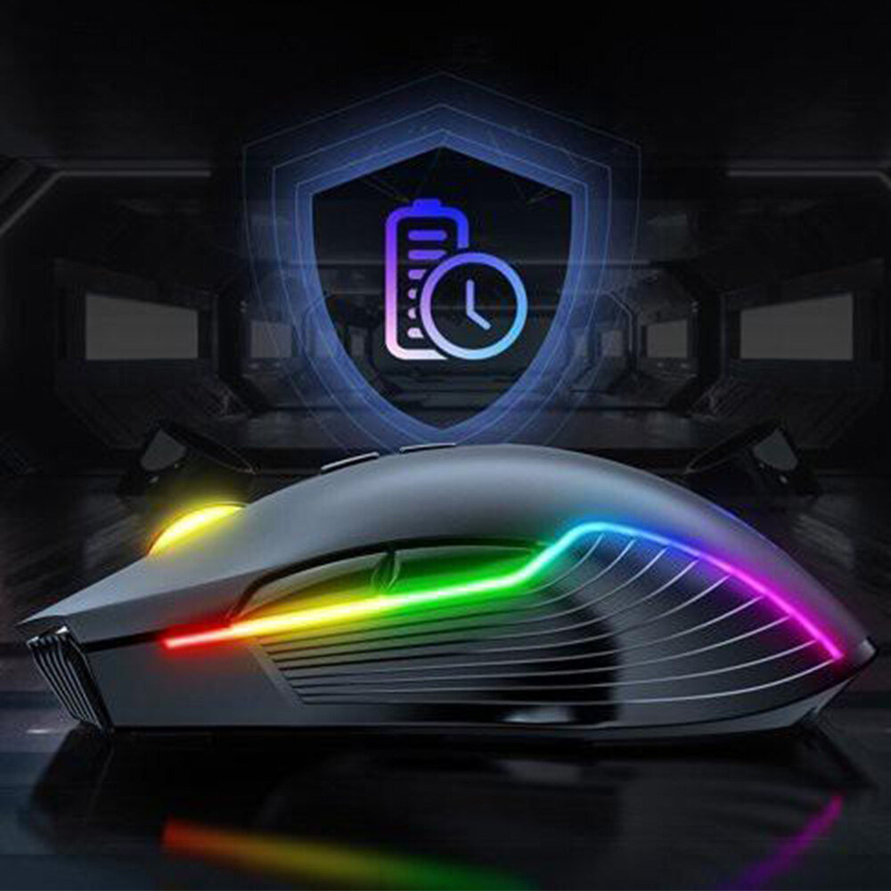 Czarna mysz komputerowa z podświetleniem RGB w kolorach czerwonym, żółtym, zielonym i fioletowym. W tle widoczna jest ikona baterii i zegara na tle tarczy.