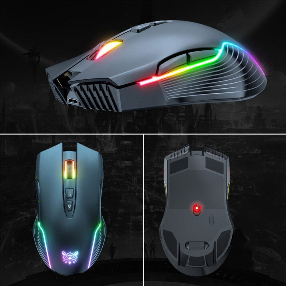 Obraz przedstawia czarną mysz komputerową z podświetleniem RGB w różnych kolorach. Mysz ma widoczne przyciski i logo na powierzchni.