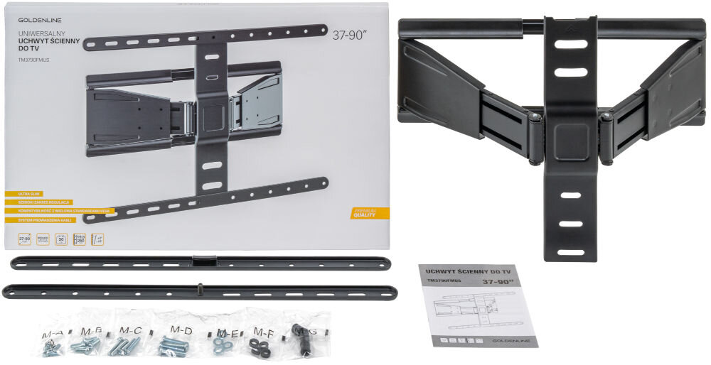 Uchwyt GOLDENLINE do TV 37-90 cali TM3790FMUS elementy montażowe instrukcja obsługi montażu opakowanie