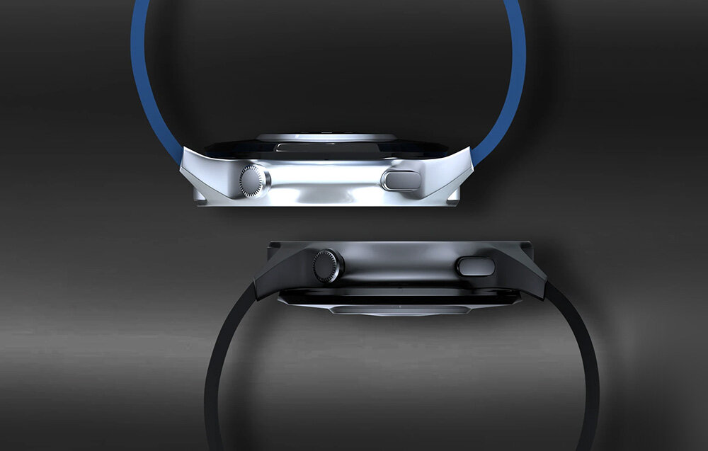 Smartwatch BLITZWOLF BW-AR1 czarny, ekran, amoled, funkcje, trwałość, na szarym tle 2 zegarki skierowane tarczami do siebie widok od góry