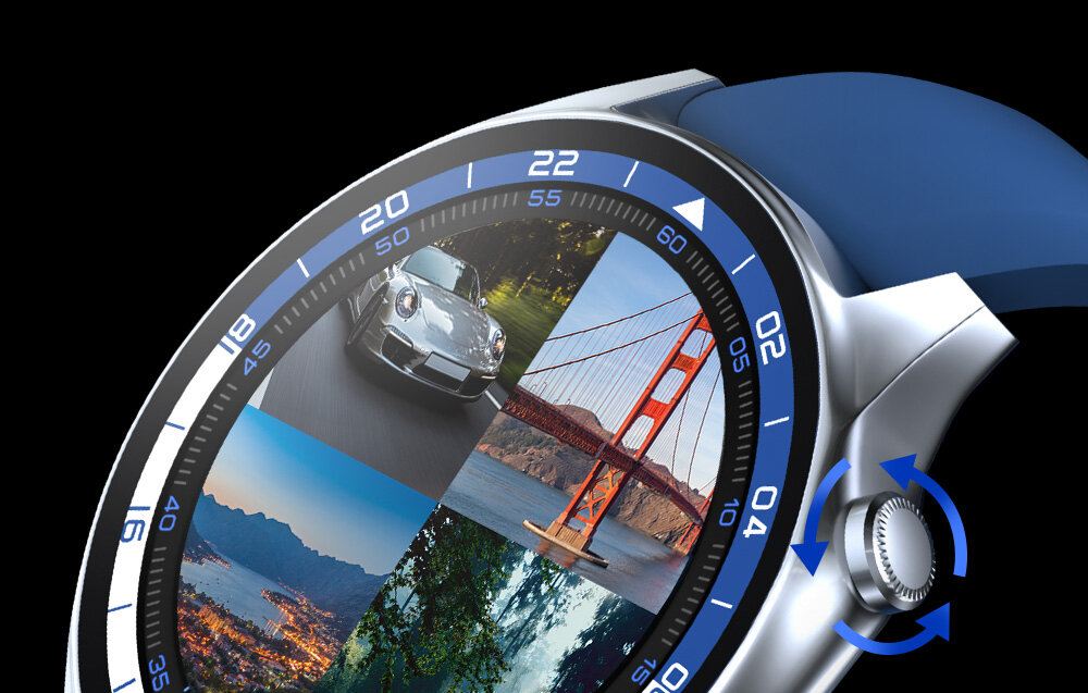 Smartwatch BLITZWOLF BW-AR1 czarny, sport, kroki, aktywność, dystans, na czarnym tle tarcza zegarka a na tarczy zdjęcia losowe ze świata