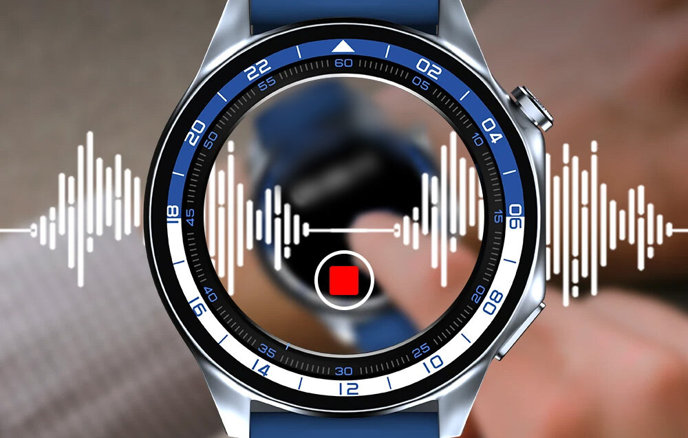 Smartwatch BLITZWOLF BW-AR1 czarny, bluetooth, mikrofon, dźwięk, dyktafon, w tle wizualizacja fal dźwiękowych na pierwszym planie zegarek frontem na wprost