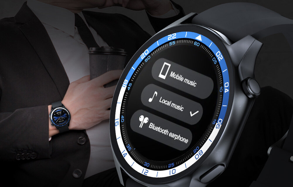 Smartwatch BLITZWOLF BW-AR1 czarny, pamięć, muzyka, zdjęcia, ebooki, w tle osoba w garniturze, na pierwszym planie zegarek i jego właściwości