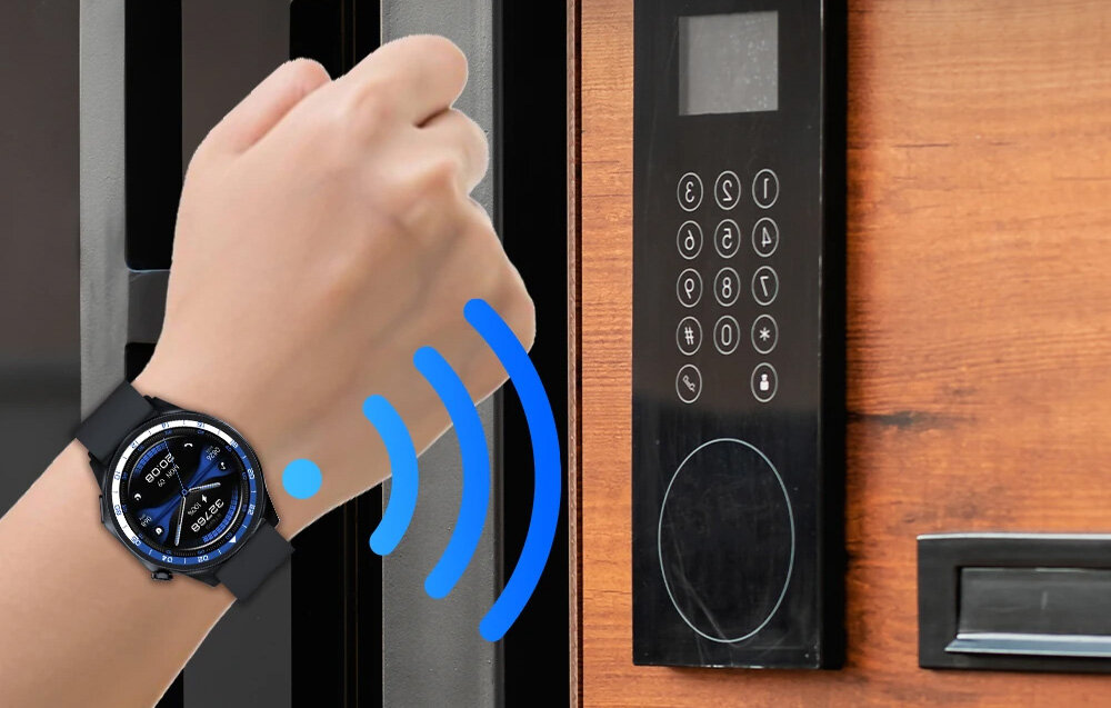 Smartwatch BLITZWOLF BW-AR1 czarny, nfc, głos, dostęp, pogoda, zegarek na nadgarstku osoby, z falami bluettoh przy domofonie