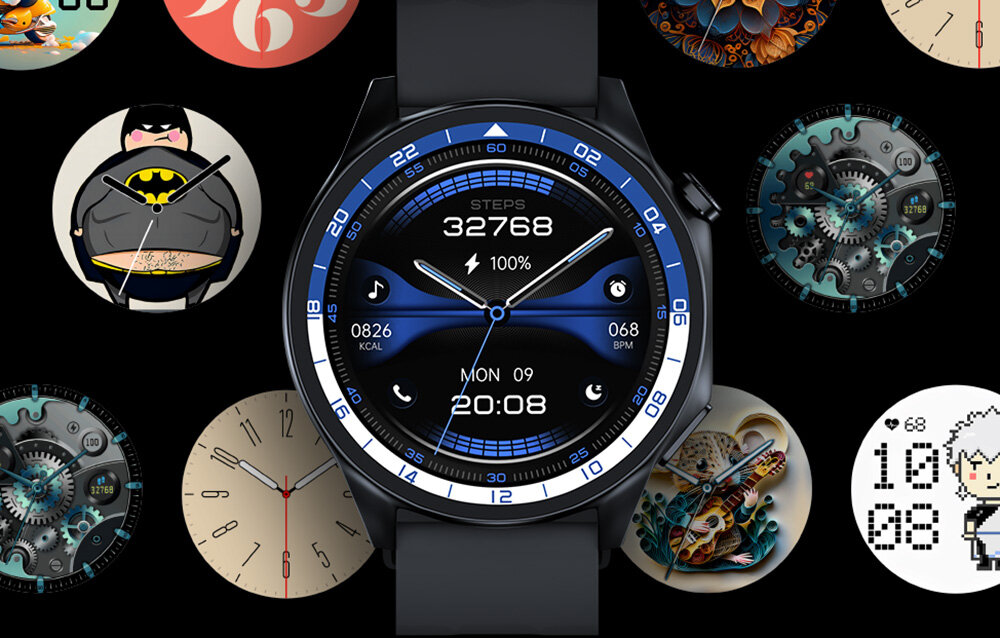 Smartwatch BLITZWOLF BW-AR1 czarny, ip67, pasek, design, odporność, na czarnym tle wiele modeli tarcz zegarka