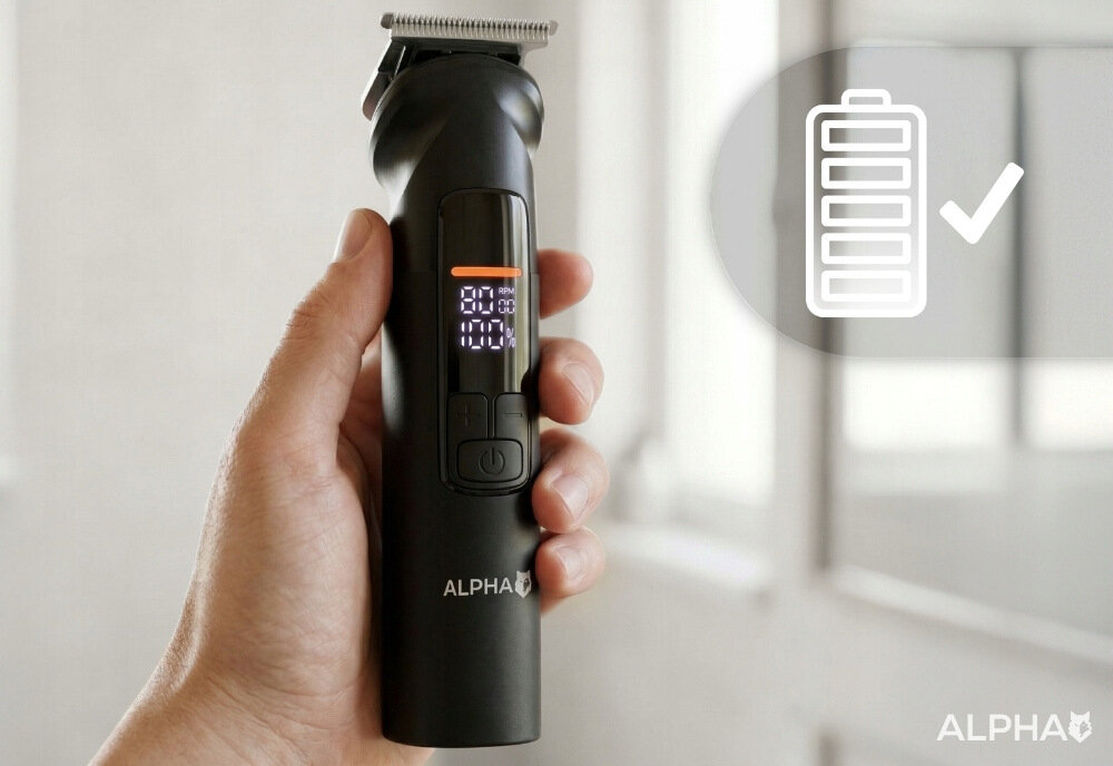 Trymer ALPHA ABS-07 zdjęcie lifestyle Dopasowana moc działania 3 poziomy prędkości ostrzy 60, 65 i 70 RPM