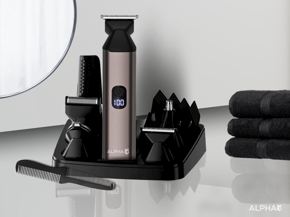 Trymer ALPHA ABS-07 system magnetycznyuch głowic, precyzyjna praca, gładka skóra, elegancki stojak