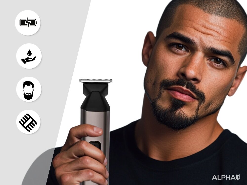 Trymer ALPHA ABS-07 wygoda i precyzja, wskaźnik naładowania, wodoodporność, cicha i wydajna praca, praktyczne akcesoria