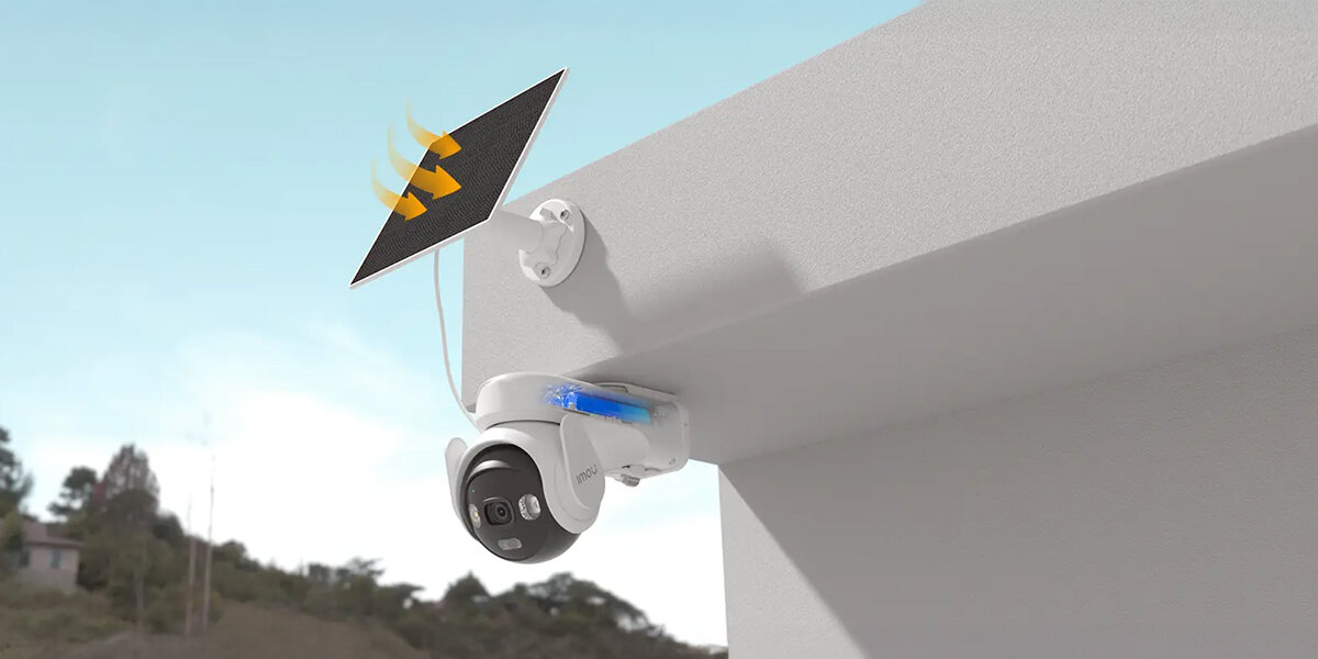 Kamera IP IMOU AOV PT Zewnętrzna, Wi-Fi / 4G + Panel solarny, rewelacyjna, jakość, obraz, rozdzielczość, kamera wraz z panelem zamontowana do ściany budynku