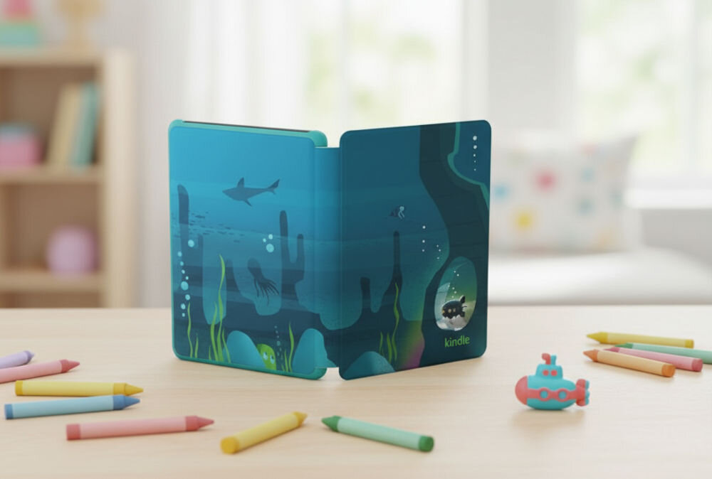 Czytnik e-booków AMAZON Kindle Kids Ocean Explorer 6 cali, Podświetlany ekran, Wi-Fi, Bez reklam prezentacja otworzonego czytnika na biurku obok rozrzucone kredki