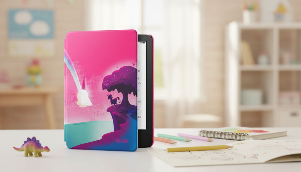 Czytnik e-booków AMAZON Kindle Kids Unicorn Valley 6 cali, Podświetlany ekran, Wi-Fi, Bez reklam prezentacja czytnika na biurku w pokoju dziecięcym obok notatki kredki zabawka dinozaura