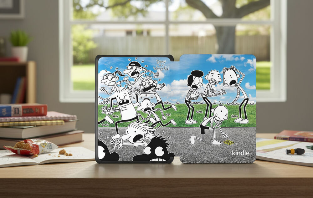 Czytnik e-booków AMAZON Kindle Paperwhite Kids Diary of a Wimpy Kid 7 cali, Podświetlany ekran, Wi-Fi, Bez reklam prezentacja otworzonego czytnika na biurku wśród notatników w tle duże okno