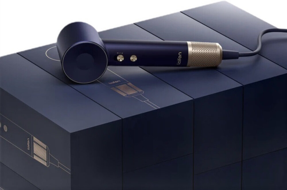Suszarka LAIFEN Swift Premium Niebiesko-złoty 1400W Prosta obsługa włącznik dwie prędkości nawiewu trzy poziomy temperatury długie naciśnięcie dopasowanie potrzeby