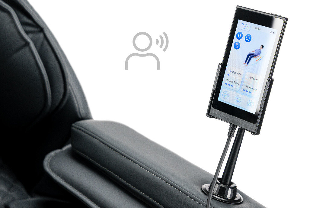 Fotel masujący IREST Supearl Open Plus Grafitowo-czarny Proste sterowanie Intuicyjny, prosty w obsłudze tablet Voice Control komendy głosowe w języku angielskim wygodny wybór programów masażu dostosowanie ulubionych funkcji 3 pamięci ustawień osobistych dostęp do zapisanych wcześniej preferencji