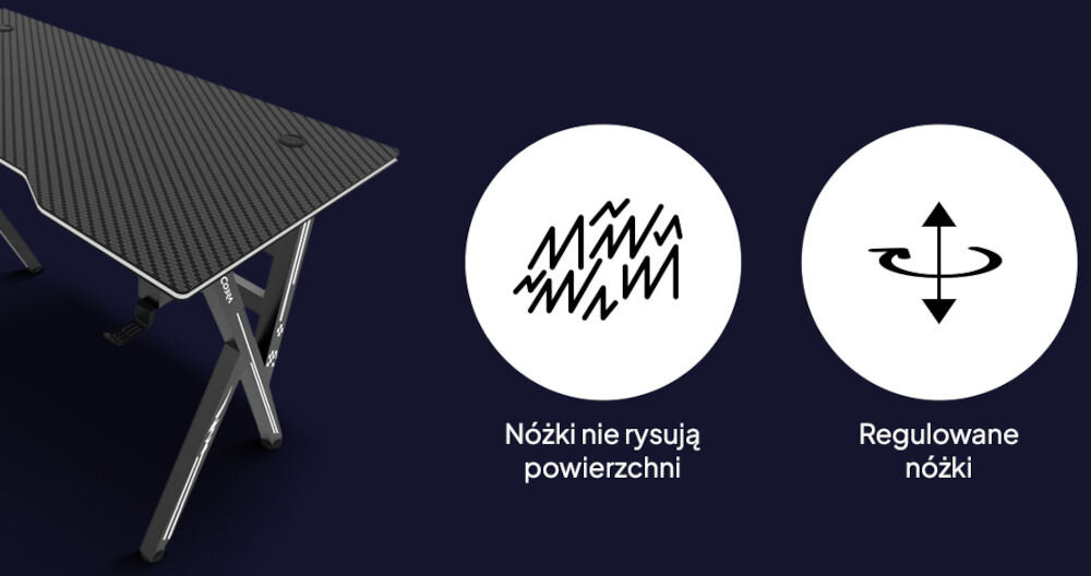 Obraz przedstawia czarne biurko gamingowe z teksturą na blacie oraz dwie ikony z napisami: \'Nóżki nie rysują powierzchni\' i \'Regulowane nóżki\'.