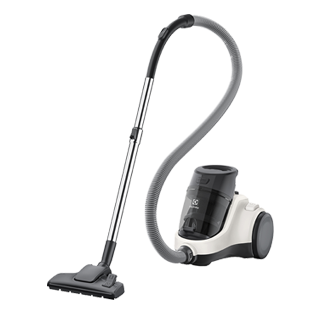 Odkurzacz o nowoczesnym designie z szarą rurą i czarną szczotką, posiada przezroczysty pojemnik na kurz. Widoczne logo producenta: ELECTROLUX.