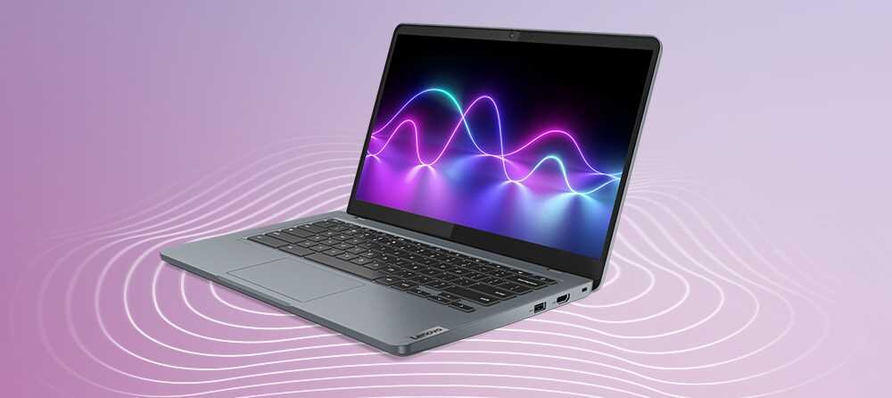 Laptop z kolorowym wzorem fal na obudowie, ustawiony na jasnym tle.   - Efektywna komunikacja Phone Hub 