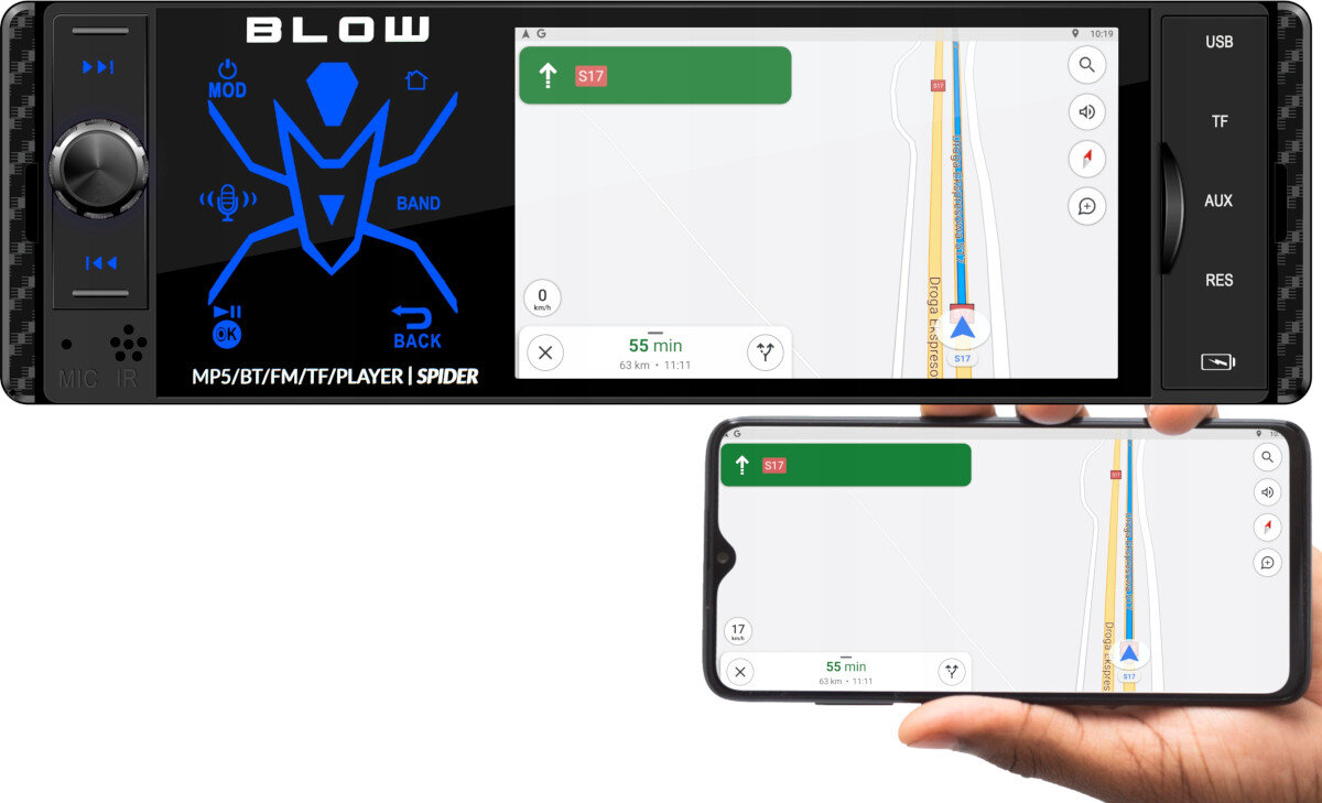 Radio samochodowe BLOW Spider 78-337 wyświetlacz przyciski obsługa funkcje Mirror Link