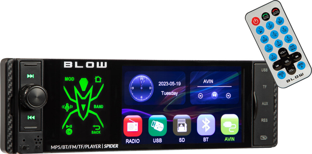 Radio samochodowe BLOW Spider 78-337 wygląd kolor podświetlenie logo przeznaczenie cechy zalety