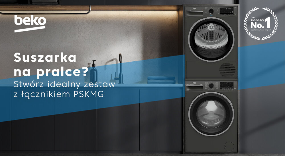 Obraz przedstawia zestaw pralki i suszarki w kolorze szarym, ustawionych jeden na drugim. Na obrazie widoczny jest tekst: \'beko Suszarka na pralce? Stwórz idealny zestaw z łącznikiem PSKMG\'.